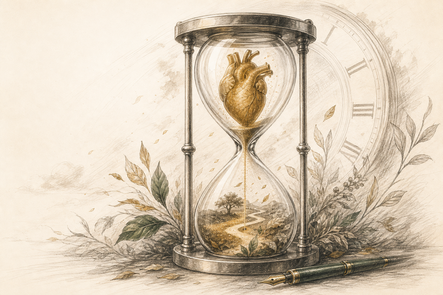 A pencil-drawn hourglass holding a golden heart, with a life path below