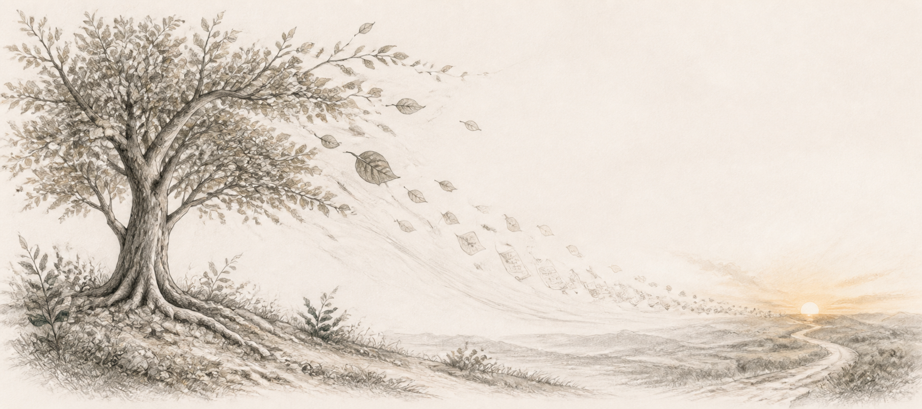 A pencil-drawn tree losing leaves to time